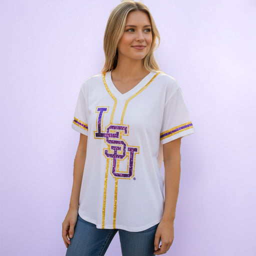 LSU Tigers Bomb Designs Baseball Interlock Sequin Baseball V-Neck Jersey T-Shirt - White