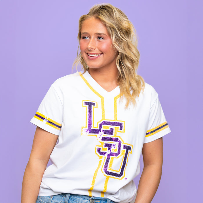 LSU Tigers Bomb Designs Baseball Interlock Sequin Baseball V-Neck Jersey T-Shirt - White