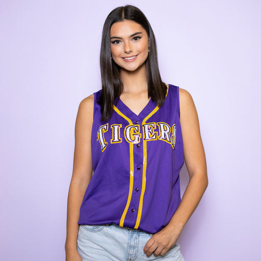 LSU Tigers Bomb Designs Baseball Jersey Sequin Tank Top - Purple