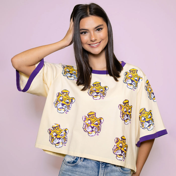 LSU Tigers Bomb Designs Beanie Mike Oversized Scattered Crop T-Shirt - Cream
