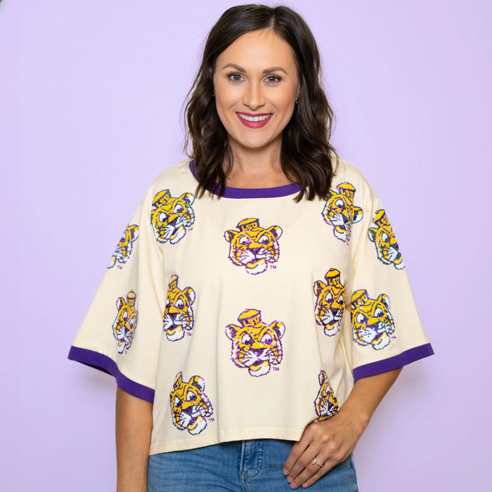 LSU Tigers Bomb Designs Beanie Mike Oversized Scattered Crop T-Shirt - Cream