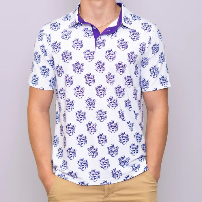 LSU Tigers Bomb Designs Beanie Mike Scattered Pattern Performance Polo - White