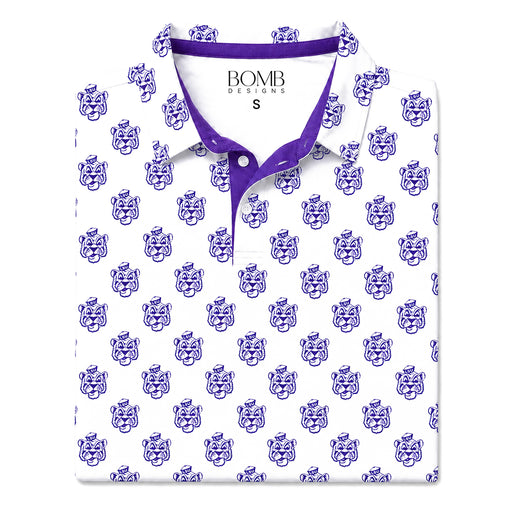 LSU Tigers Bomb Designs Beanie Mike Scattered Pattern Performance Polo - White