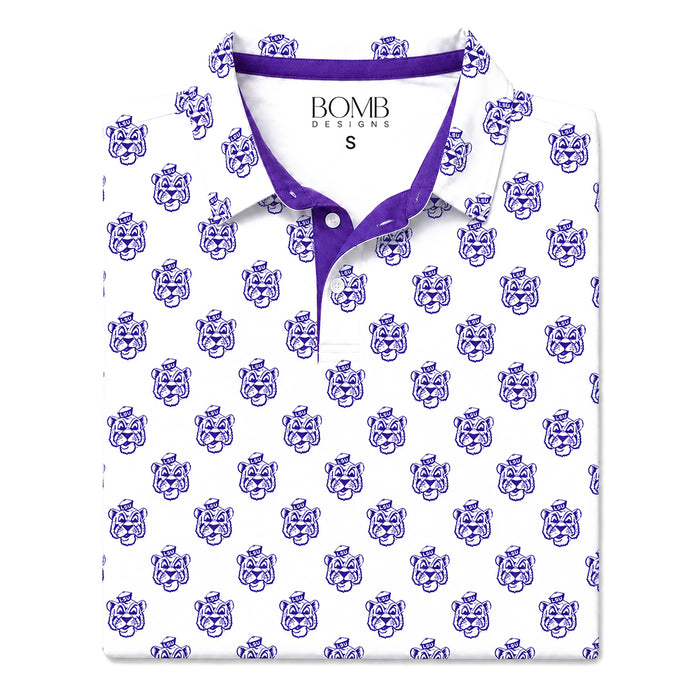 LSU Tigers Bomb Designs Beanie Mike Scattered Pattern Performance Polo - White