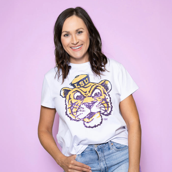 LSU Tigers Bomb Designs Beanie Mike Script T-Shirt - White