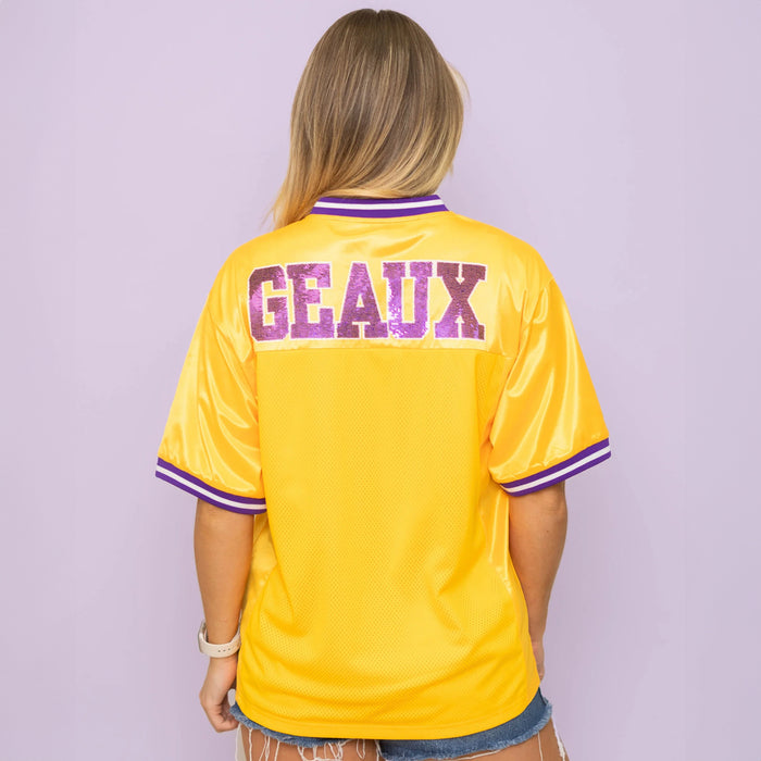 LSU Tigers Bomb Designs Beanie Mike Sequin Football Jersey - Gold