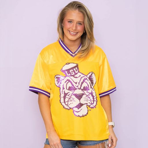 LSU Tigers Bomb Designs Beanie Mike Sequin Football Jersey - Gold