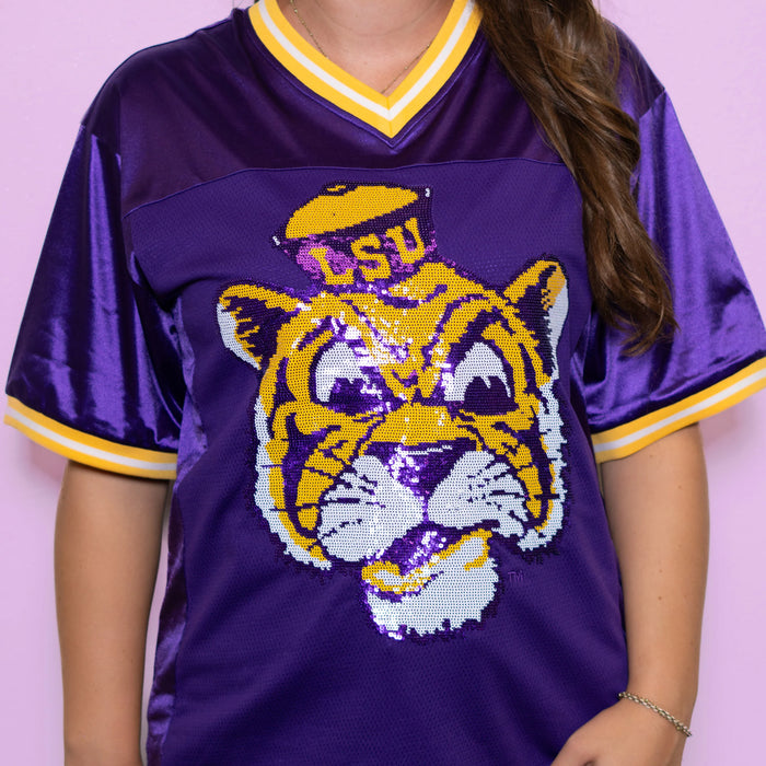 LSU Tigers Bomb Designs Beanie Mike Sequin Football Jersey - Purple