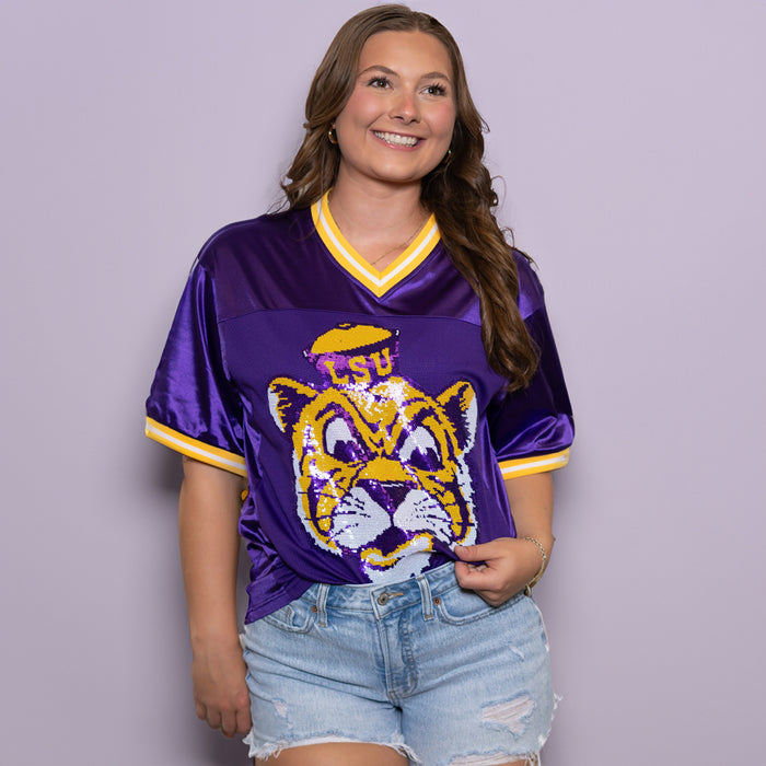 LSU Tigers Bomb Designs Beanie Mike Sequin Football Jersey - Purple