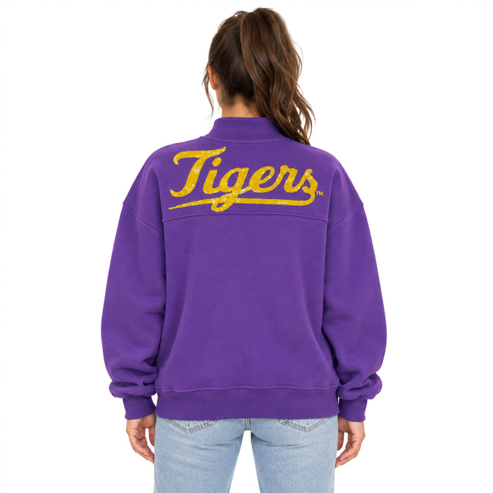 LSU Tigers Bomb Designs Beanie Mike Sequin Mock Neck Pullover Sweatshirt - Purple