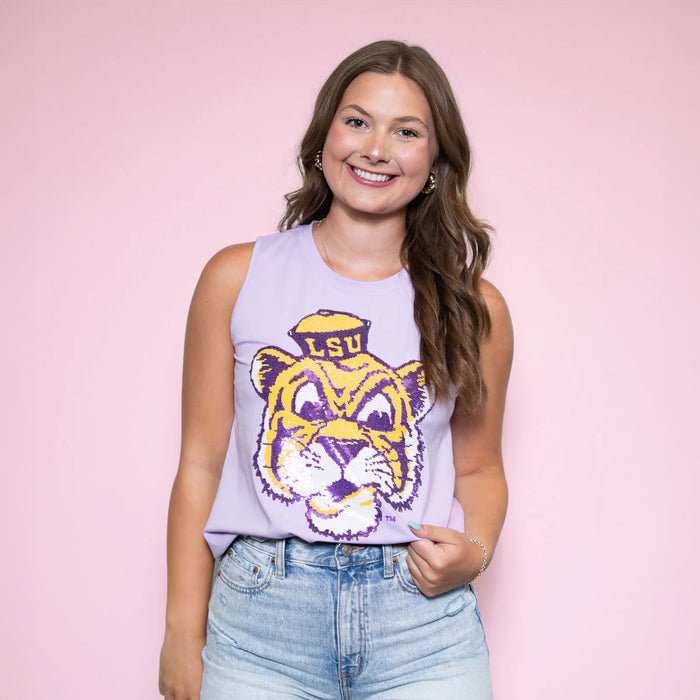 LSU Tigers Bomb Designs Beanie Mike Sequin Tank Top - Lavender