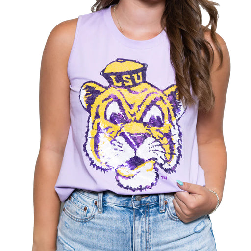 LSU Tigers Bomb Designs Beanie Mike Sequin Tank Top - Lavender