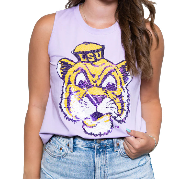LSU Tigers Bomb Designs Beanie Mike Sequin Tank Top - Lavender