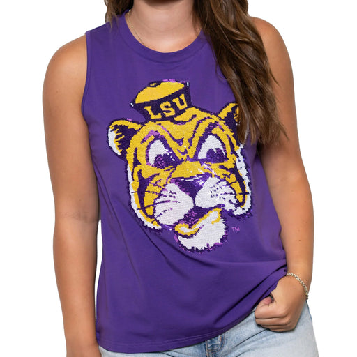 LSU Tigers Bomb Designs Beanie Mike Sequin Tank Top - Purple