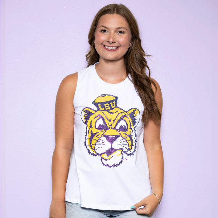 LSU Tigers Bomb Designs Beanie Mike Sequin Tank Top - White