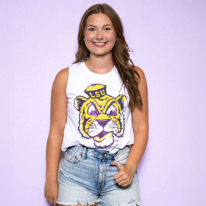 LSU Tigers Bomb Designs Beanie Mike Sequin Tank Top - White