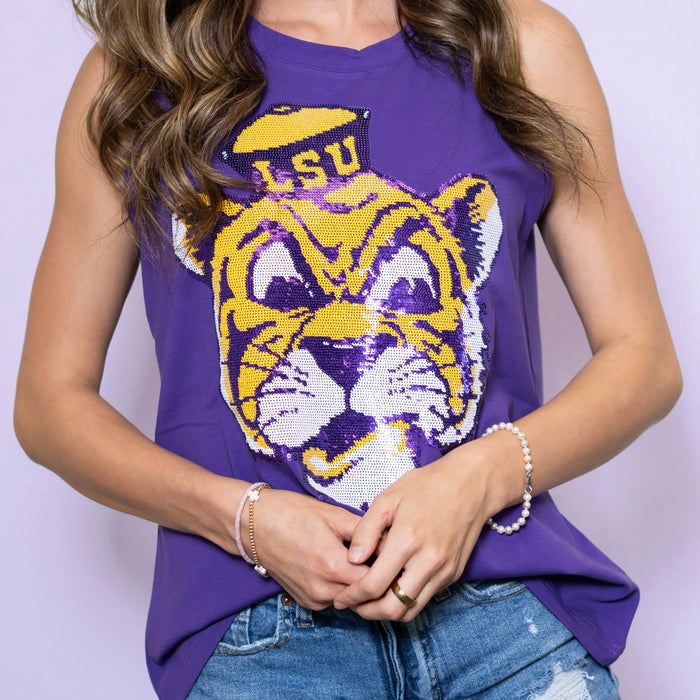 LSU Tigers Bomb Designs Beanie Mike Sequin Tank Top - Purple
