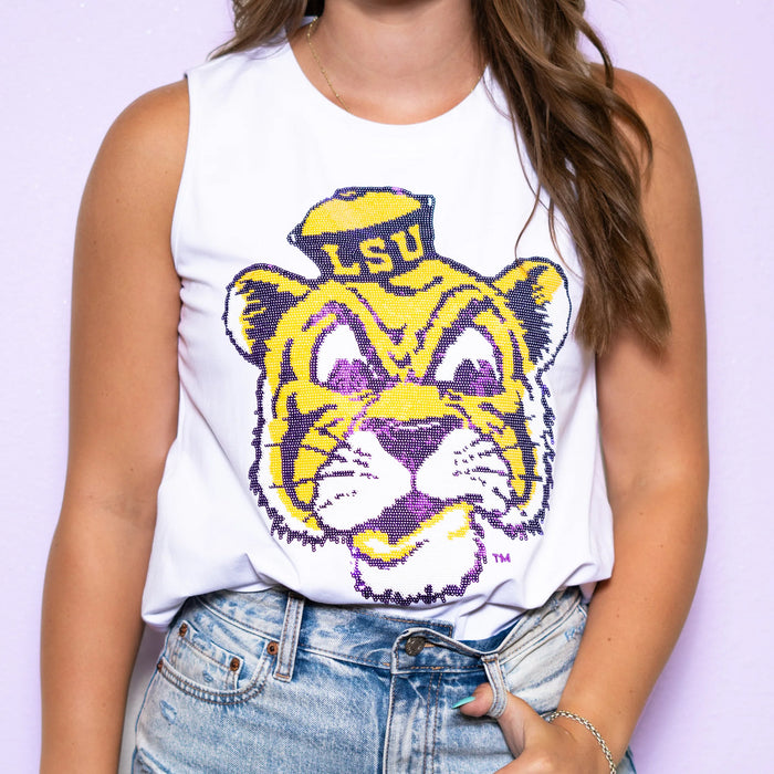 LSU Tigers Bomb Designs Beanie Mike Sequin Tank Top - White