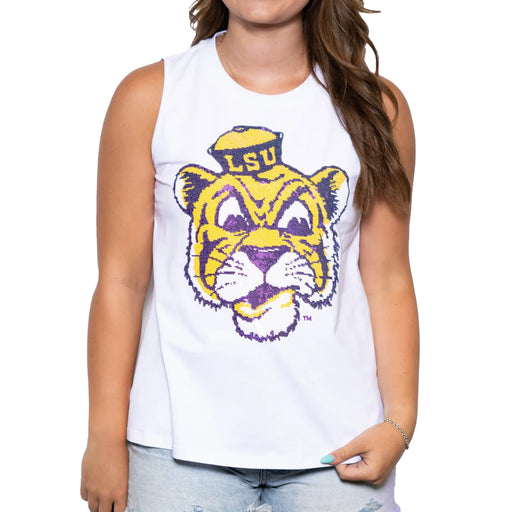 LSU Tigers Bomb Designs Beanie Mike Sequin Tank Top - White