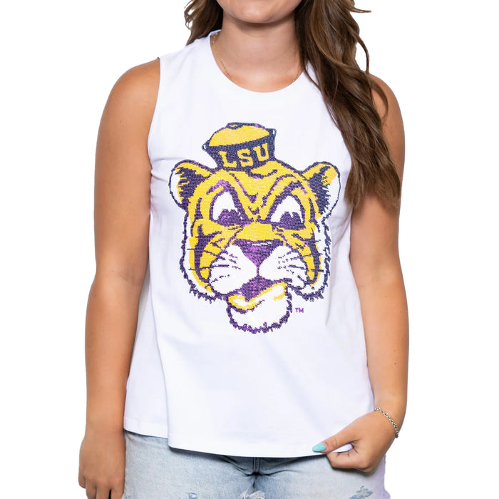LSU Tigers Bomb Designs Beanie Mike Sequin Tank Top - White