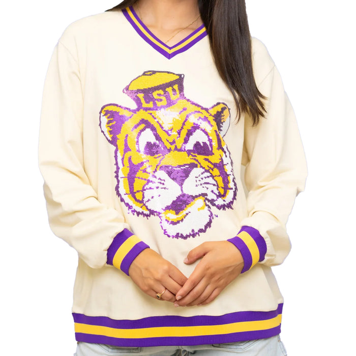 LSU Tigers Bomb Designs Beanie Mike Varsity Stripe Pullover V-Neck Sweatshirt - Cream