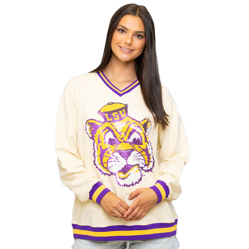 LSU Tigers Bomb Designs Beanie Mike Varsity Stripe Pullover V-Neck Sweatshirt - Cream
