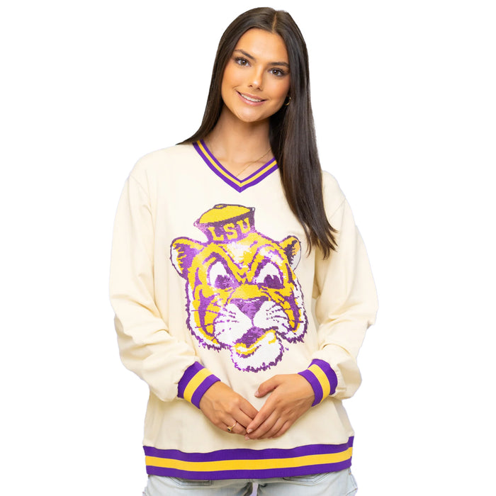 LSU Tigers Bomb Designs Beanie Mike Varsity Stripe Pullover V-Neck Sweatshirt - Cream