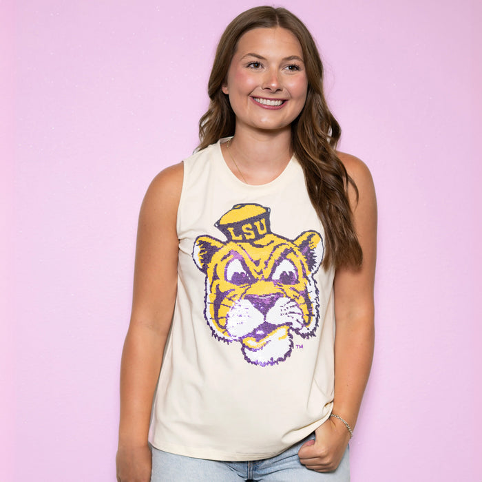 LSU Tigers Bomb Designs Beanie Sequin Tank Top - Butter