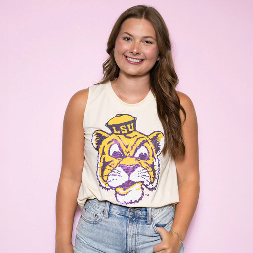 LSU Tigers Bomb Designs Beanie Sequin Tank Top - Butter