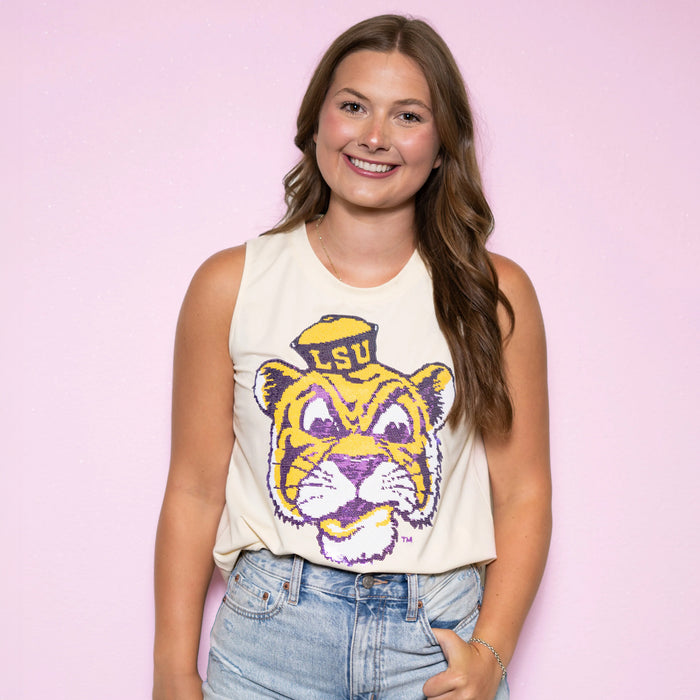 LSU Tigers Bomb Designs Beanie Sequin Tank Top - Butter