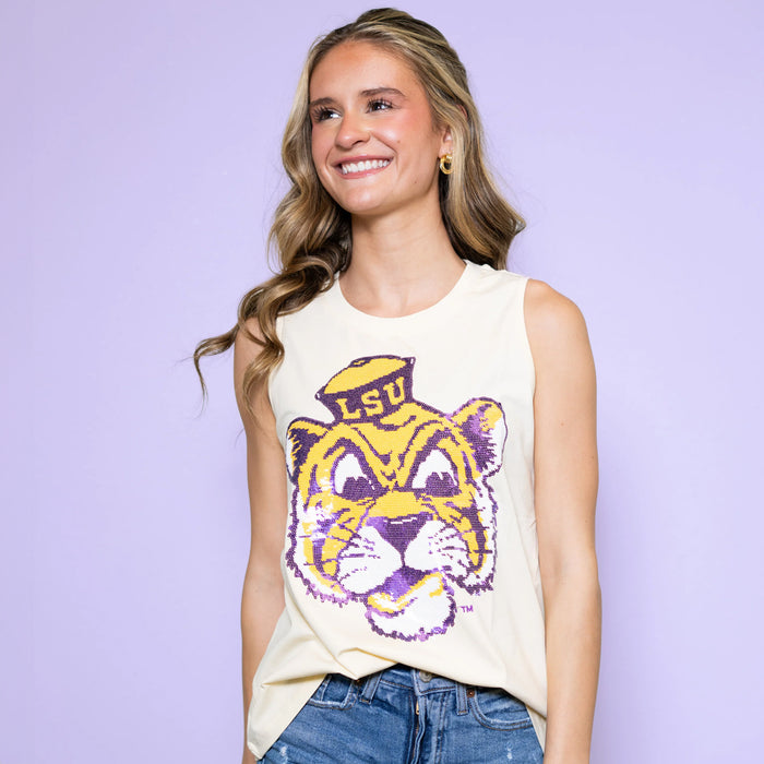 LSU Tigers Bomb Designs Beanie Sequin Tank Top - Butter