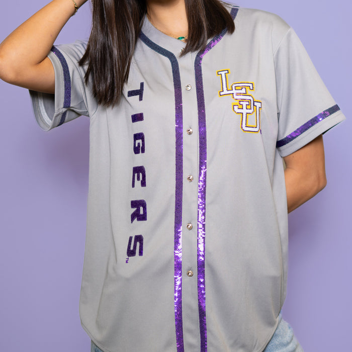 LSU Tigers Bomb Designs Interlock Sequin Button Up Baseball Jersey - Grey