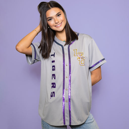LSU Tigers Bomb Designs Interlock Sequin Button Up Baseball Jersey - Grey