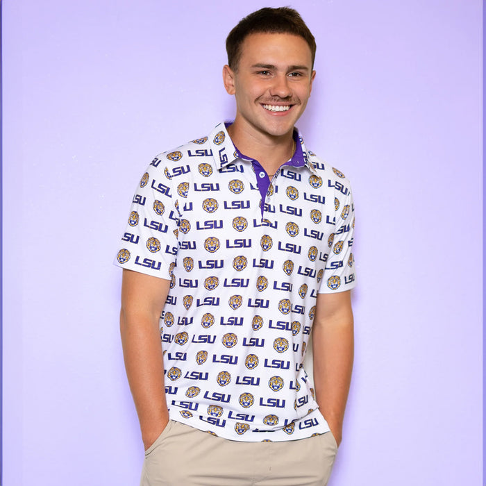 LSU Tigers Bomb Designs LSU Tiger Head Pattern Polo - White