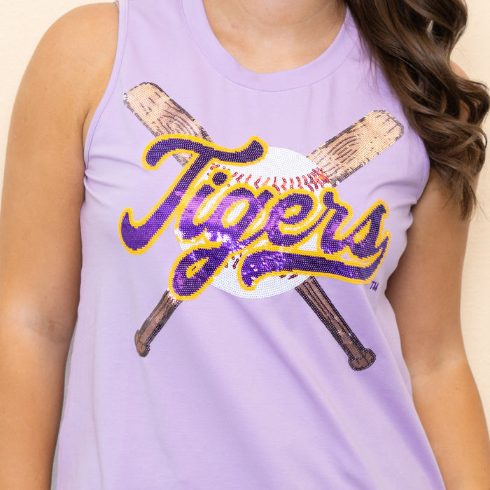 LSU Tigers Bomb Designs Script Tigers Baseball Bats Sequin Tank Top - Lavendar