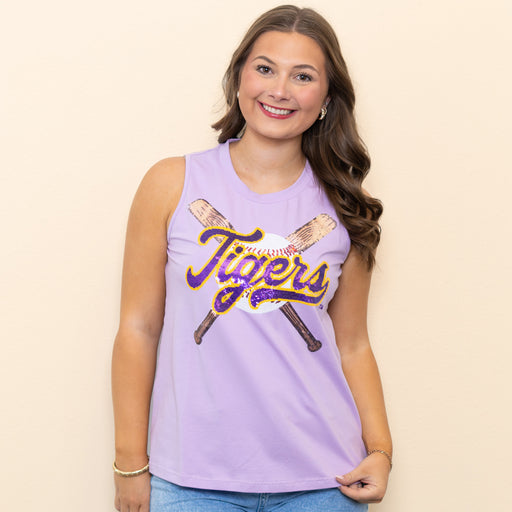LSU Tigers Bomb Designs Script Tigers Baseball Bats Sequin Tank Top - Lavendar