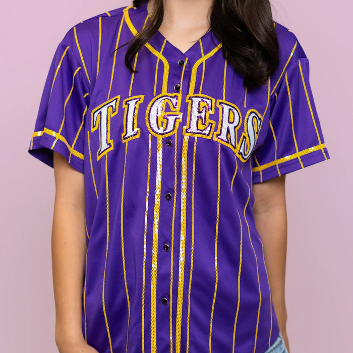 LSU Tigers Bomb Designs Sequin Baseball Jersey - Purple