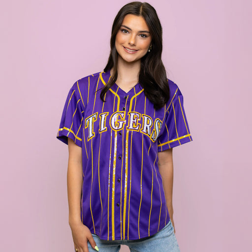 LSU Tigers Bomb Designs Sequin Baseball Jersey - Purple