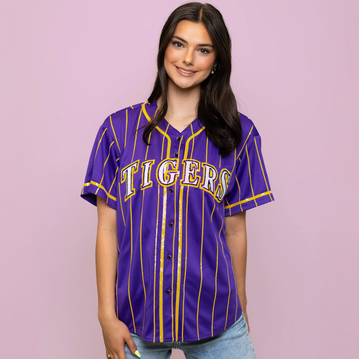 LSU Tigers Bomb Designs Sequin Baseball Jersey - Purple