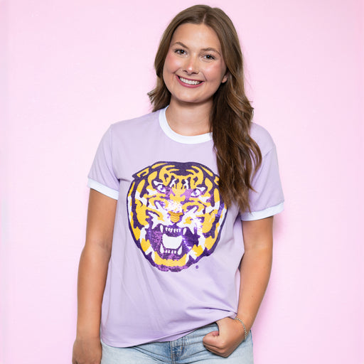 LSU Tigers Bomb Designs Tiger Head Sequin Ringer T-Shirt - Lavender