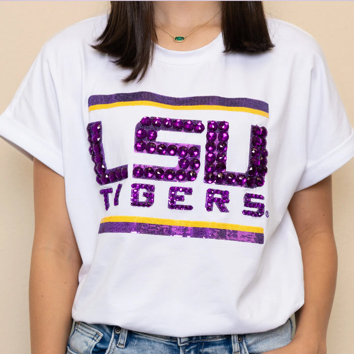 LSU Tigers Bomb Designs Sequin + Jewel Design Cuff Sleeve T-Shirt - White