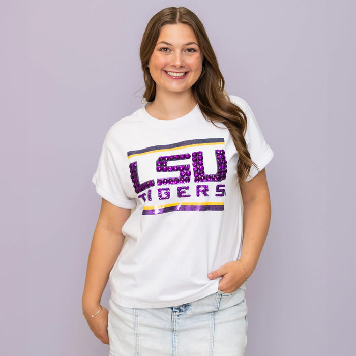 LSU Tigers Bomb Designs Sequin + Jewel Design Cuff Sleeve T-Shirt - White