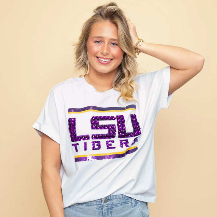 LSU Tigers Bomb Designs Sequin + Jewel Design Cuff Sleeve T-Shirt - White