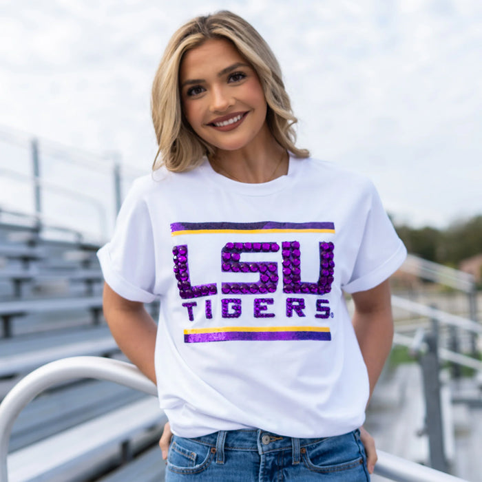 LSU Tigers Bomb Designs Sequin + Jewel Design Cuff Sleeve T-Shirt - White