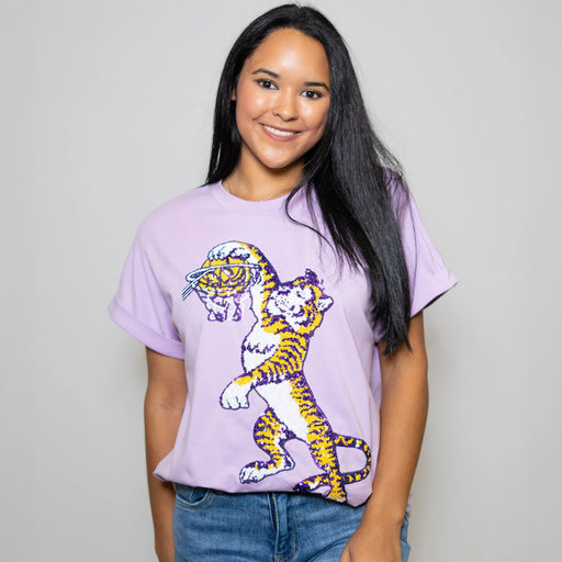 LSU Tigers Bomb Vintage Basketball Dunking Mike Sequin Cuff Sleeve T-Shirt - Lavender