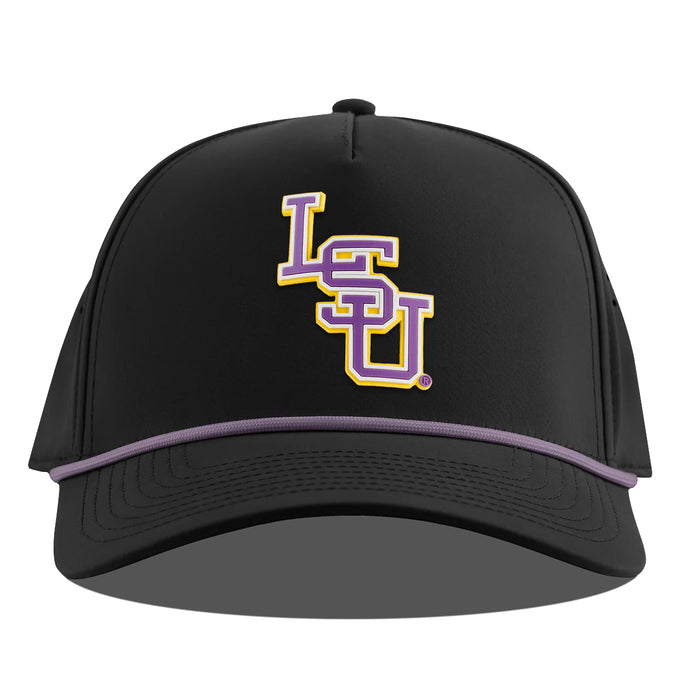 LSU Tigers Branded Bills Interlock Perforated Performance Curved 5-Panel Rope Hat - Black w/ Purple Rope