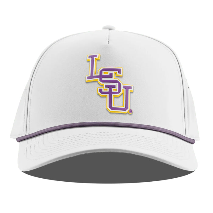 LSU Tigers Branded Bills Interlock Perforated Performance Curved 5-Panel Rope Hat - White w/ Purple Rope