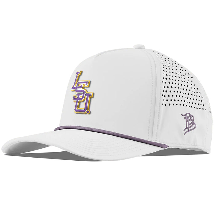 LSU Tigers Branded Bills Interlock Perforated Performance Curved 5-Panel Rope Hat - White w/ Purple Rope