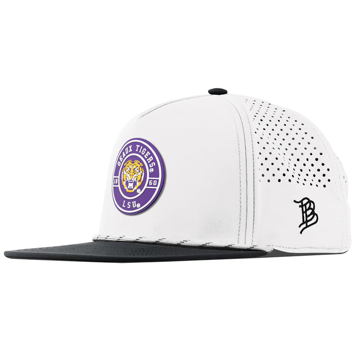 LSU Tigers Branded Bills "Geaux Tigers" Perforated Performance Flat 5-Panel Rope Hat - White / Black