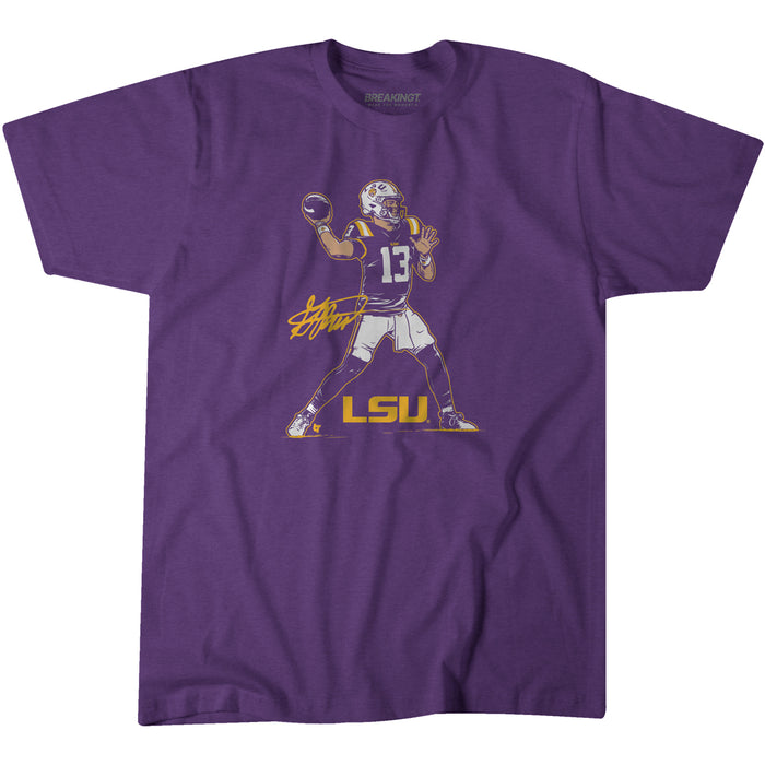LSU Tigers BreakingT Football Garrett Nussmeier Superstar Pose T-Shirt - Purple